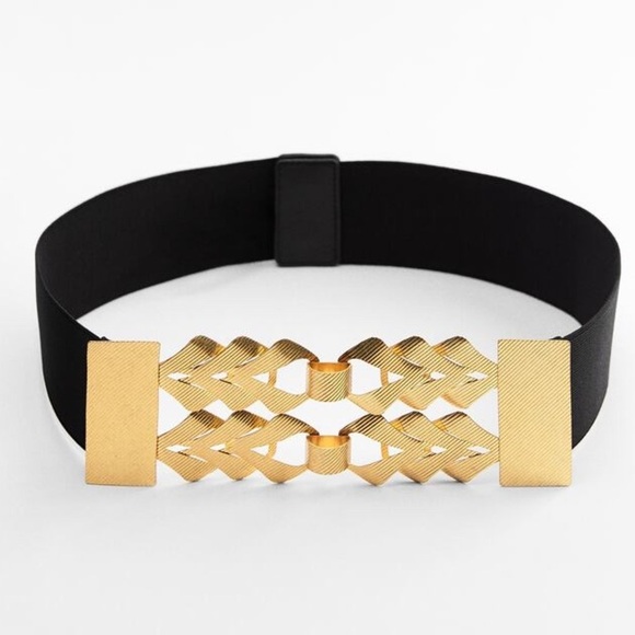 Zara Accessories - 🌹NWT. Zara Black/Golden Elastic Belt with Braided Metal Appliqué. Size 30